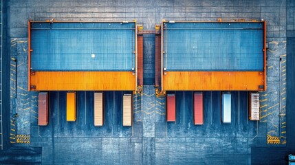 Aerial view of two warehouses with loading docks and shipping containers.
