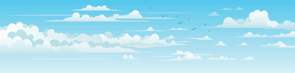 Vector drawing of sky with white clouds, bird flock, cartoon illustration, natural background	