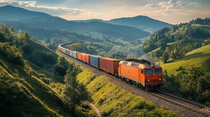 Freight Train Journey through Picturesque Mountainous Landscape