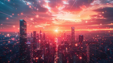 Fototapeta premium A Dazzling Futuristic Cityscape Bursting with Light and Color at Sunset in an Electric Atmosphere