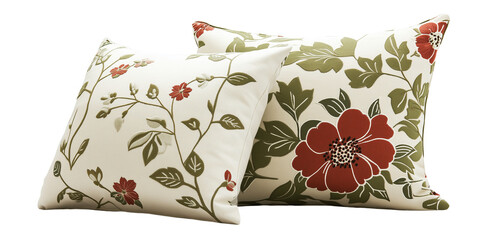 Two decorative pillows with floral and geometric patterns, isolated on transparent background.