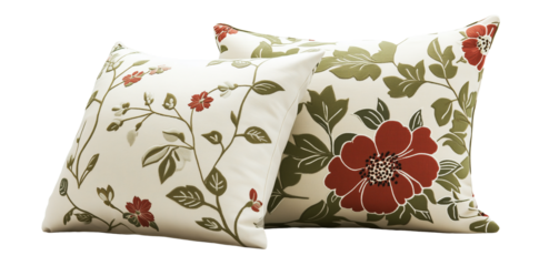 Two decorative pillows with floral and geometric patterns, isolated on transparent background.