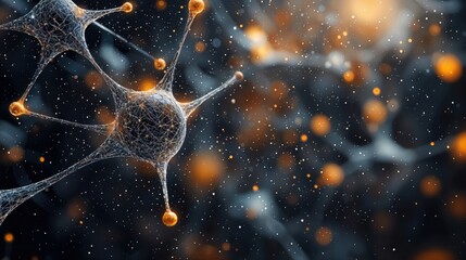 Intricate neural structures connect against a dark, shimmering backdrop filled with soft, glowing orbs, illustrating the dynamic interactions between brain cells in a mesmerizing display.