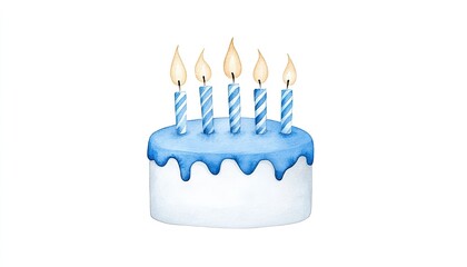 A festive birthday cake with five lit candles, featuring blue icing and a joyful atmosphere