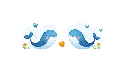 Two cartoon whales surrounded by butterflies and flowers, set against a light background