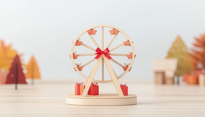 A whimsical wooden ferris wheel adorned with gifts, set against a serene autumn landscape