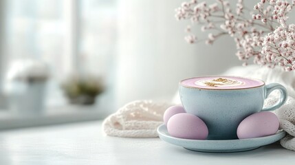 Cozy Easter Purple Latte with Latte Art and Pastel Eggs, Styled Background with Copy Space