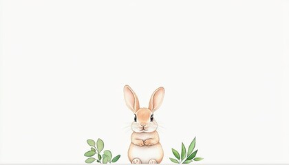 Cute rabbit illustration surrounded by green leaves on a clean white background, ideal for children's decor