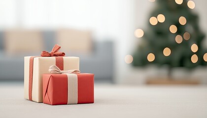 Festive scene featuring beautifully wrapped gifts in a cozy living room with a decorated tree