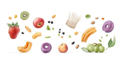 Colorful assortment of fruits and snacks floating against a clean background, showcasing vibrant textures and shapes
