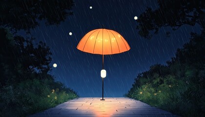 A vibrant orange umbrella stands alone on a rainy night pathway surrounded by glowing orbs