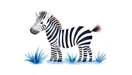 A playful cartoon zebra standing among blue plants in a whimsical, colorful landscape