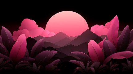 Vibrant sunset over mountains with lush pink foliage in the foreground, creating a serene atmosphere