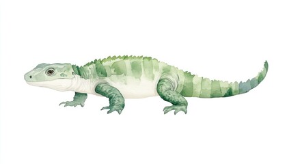 Fototapeta premium Detailed watercolor illustration of a green lizard-like creature on a white background