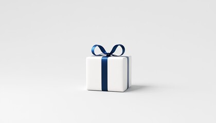 A beautifully wrapped white gift box with a blue ribbon, set against a minimalistic background