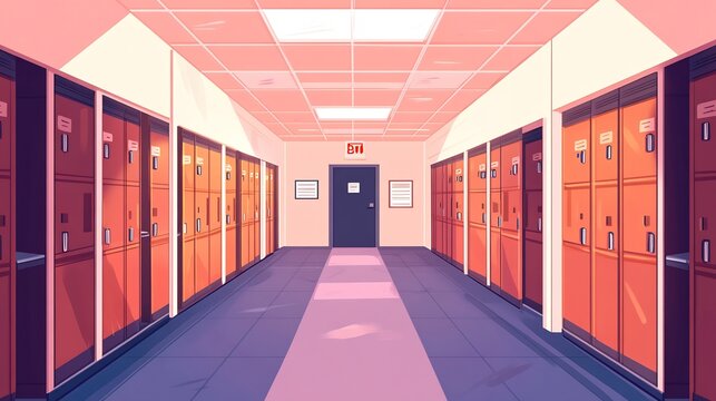 Cartoon style illustration of an empty school hallway with lockers and a single exit door - Powered by Adobe
