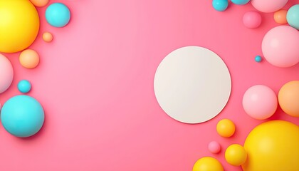 Colorful arrangement of spheres in various sizes on a pink background, ideal for creative designs