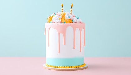 Colorful birthday cake with candles and decorations on pastel background, ideal for celebrations