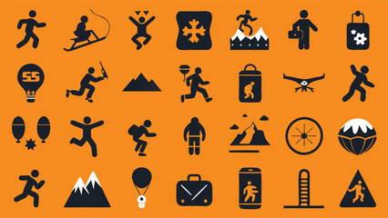 Flat icons depicting extreme sports such as rock climbing, skydiving, and snowboarding