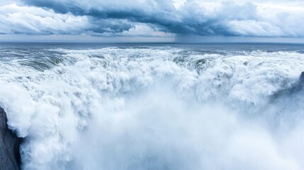 Obraz premium Seascape and waves dynamic, A dramatic view of a powerful waterfall cascading into turbulent waters beneath a cloudy sky.