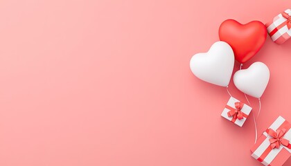 Colorful heart-shaped balloons and gift boxes on a soft pink background for celebrations