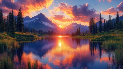 Serene sunset over a tranquil lake surrounded by majestic mountains and lush greenery