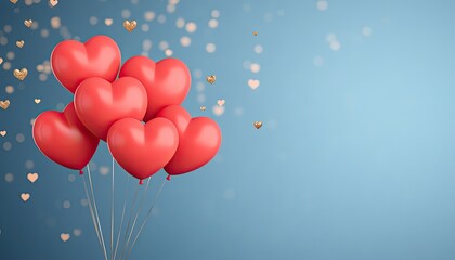 A vibrant display of red heart-shaped balloons floating against a soft blue background with golden confetti