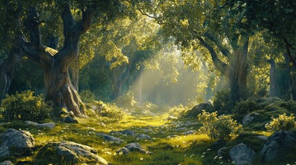 Sunlit path through lush green forest with mossy rocks.