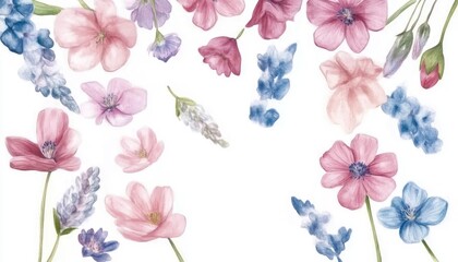 A vibrant arrangement of watercolor flowers in soft pinks and blues, creating a delicate and serene backdrop