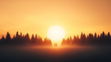Majestic sunrise illuminating a misty forest landscape with tall trees silhouetted against the horizon