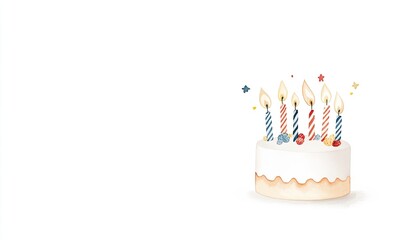 A colorful birthday cake adorned with candles, set against a simple white background