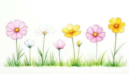 Vibrant illustration of various flowers in a row, showcasing colors and details against a white background