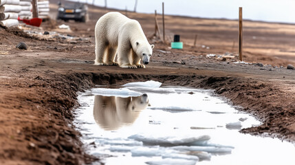 Polar bear exploring a thawing Arctic landscape near human activity and melting ice