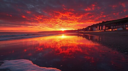 Vibrant sunset over a tranquil beach reflecting fiery colors with silhouettes of coastal homes