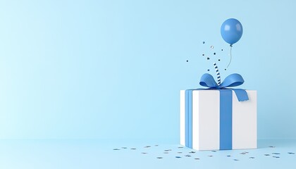 A festive blue-themed gift box with a ribbon and balloon, set against a soft blue background