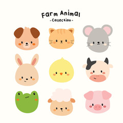 Hand Drawn Cute Farm Animal Faces Collection