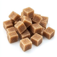 A pile of brown sugar cubes isolated on white.