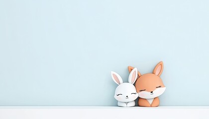Cute cartoon bunnies resting together on a shelf against a light blue wall, evoking joy