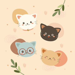 Cute Cat Flat Vector Illustration Set
