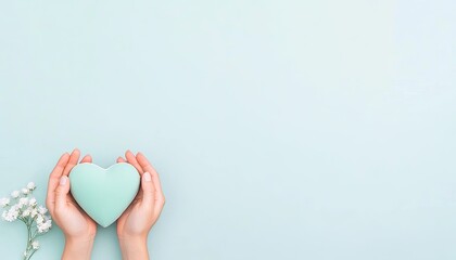 Two hands gently holding a mint green heart-shaped object against a soft pastel background