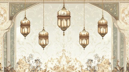 Islamic theme with hanging lanterns and ornamental patterns. gold color