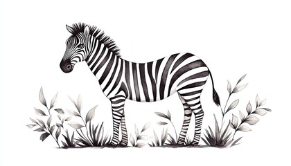A beautifully illustrated zebra standing among delicate foliage in a serene, artistic setting
