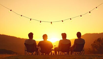 Four friends enjoying a sunset while sitting in chairs, illuminated by string lights in the background