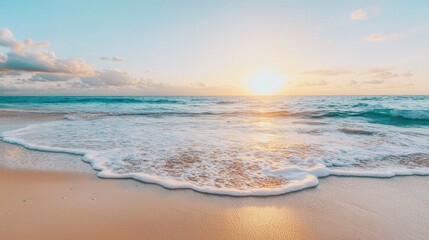 Seascape and waves dynamic, A serene beach scene at sunset, featuring gentle waves lapping against the shore under a pastel sky.