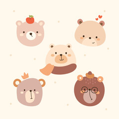 Cute Bear Flat Vector Illustration Set