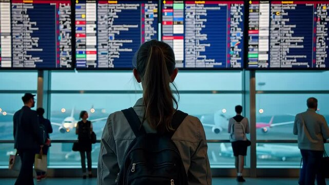 A young woman stands in front of a digital destination board at the airport. with his back to the camera. A tourist studying the arrival of flights on an electronic scoreboard. Generative 4k video.