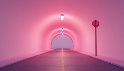 A vibrant pink tunnel with street lamps illuminating a clear road leading to an unknown destination