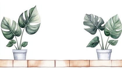 Lush green monstera plants in decorative pots on a wooden shelf against a minimalist background