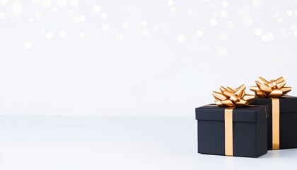 Two elegantly wrapped black gift boxes with golden bows on a light background with bokeh lights