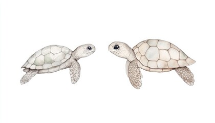 Two illustrated sea turtles swimming gracefully in a serene underwater environment
